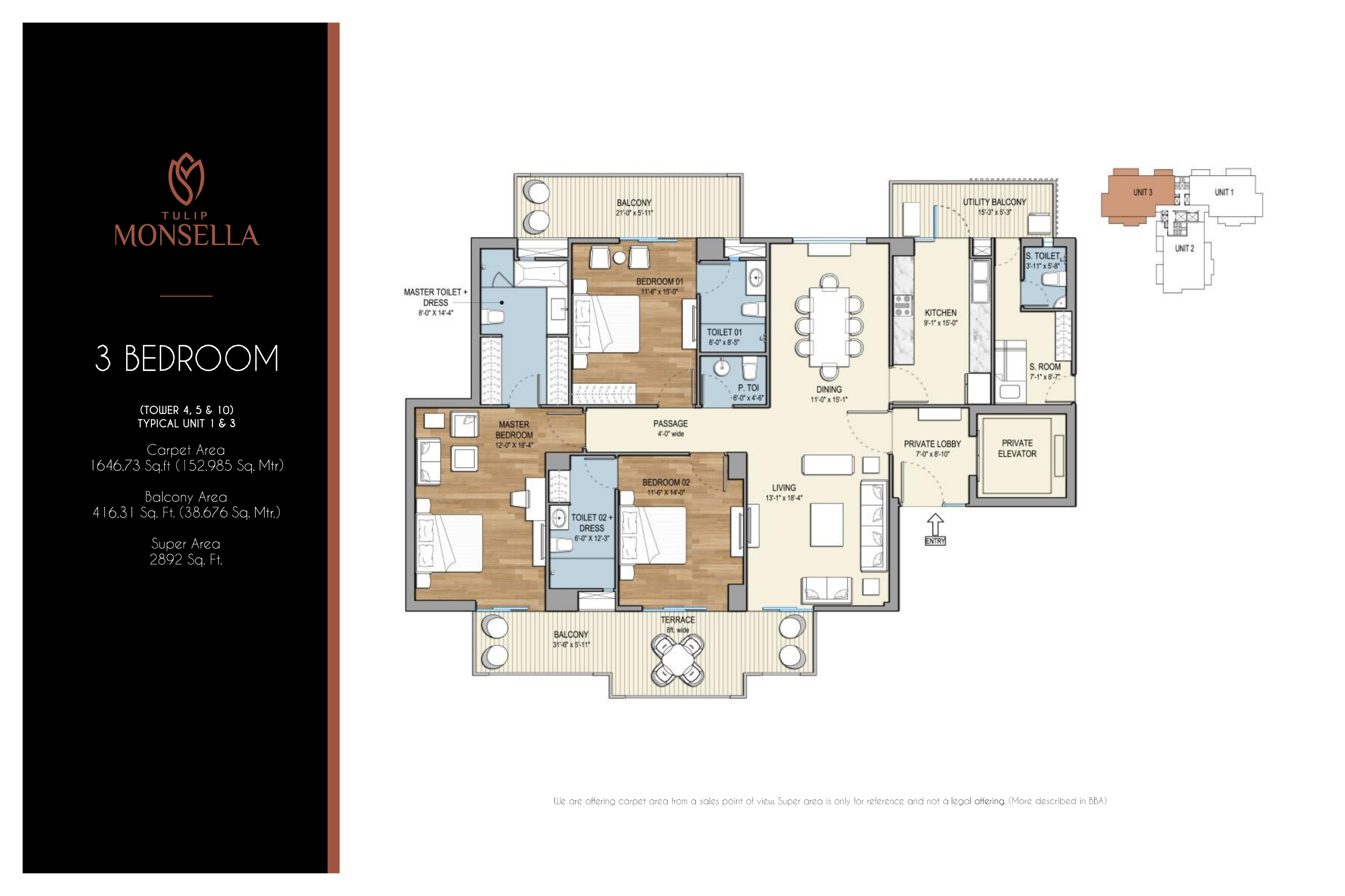 3 BHK - Towers 4, 5 & 10 - Typical Units 1 & 3